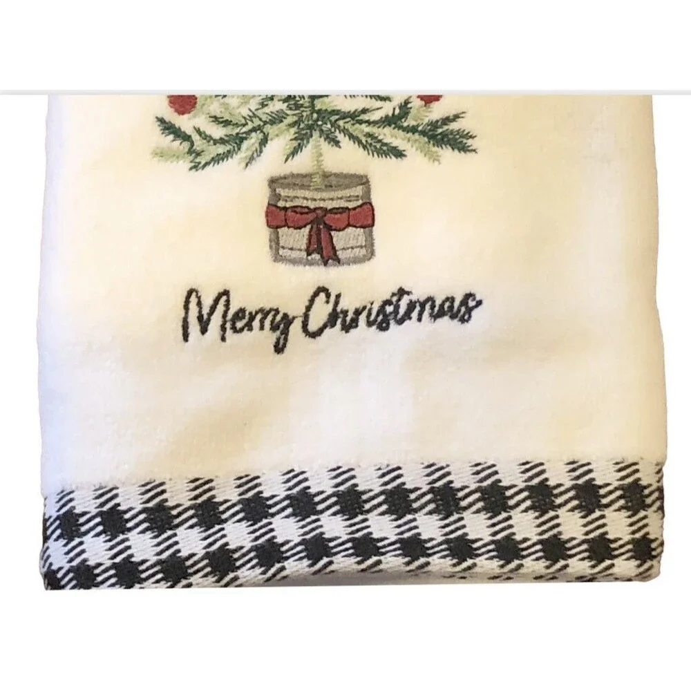 Merry Christmas Tree Hand Towels Embroidered White Buffalo Check 16x28